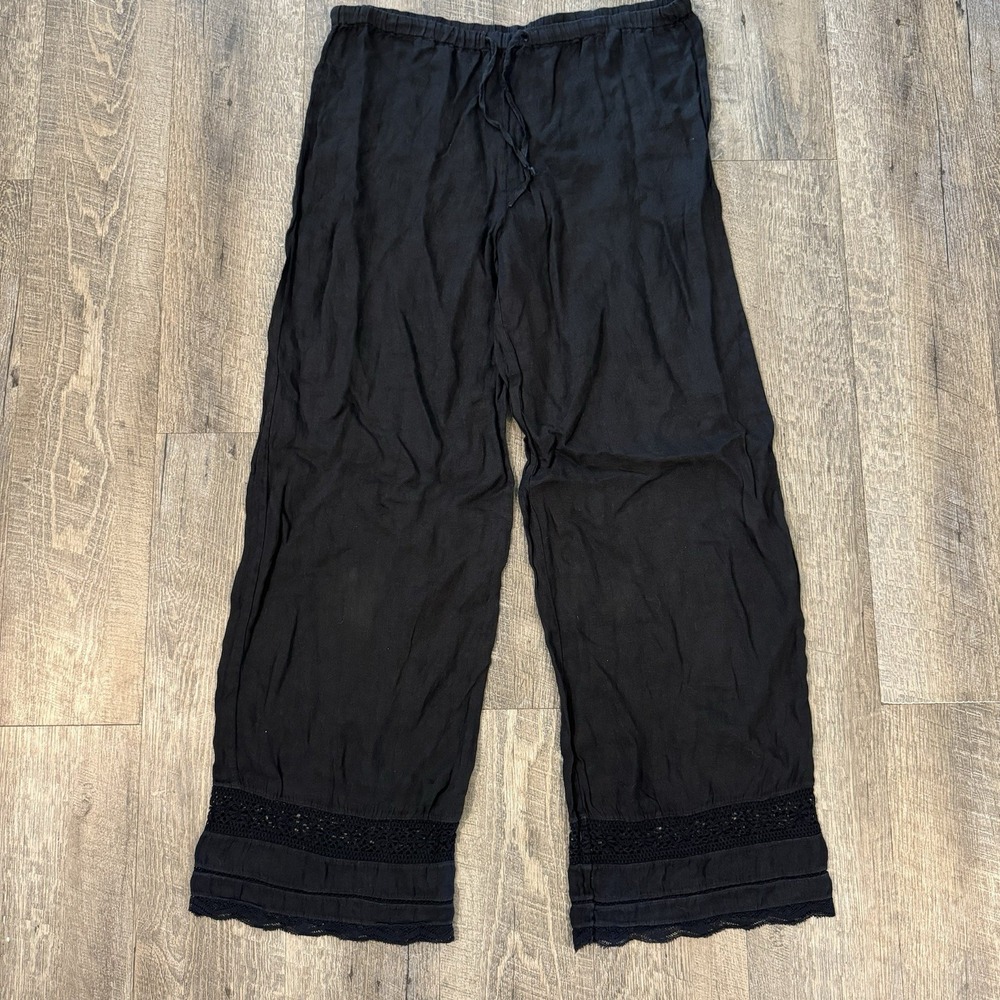 Etro Linen Pants Womens Italy 42/US 6 Black Linen Crochet Wide Leg Drawstring